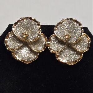 Vintage Goldtone and Silvertone Orchid Flower Pierced Earrings 1 1/4" X 1"